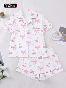 Women's Cherry Bow Floral Pajama Sleepwear Set, Short Sleeve Button-Up Soft Top & Loose Elastic Shorts, Casual Home Wear for Daily Use
