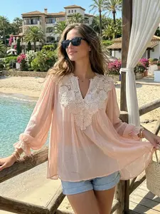 Women's Lace Patchwork Long Sleeve Shirt, Loose-Fitting Beachwear Top, Summer Vacation Style, Embroidered Travel Open Front Cardigan