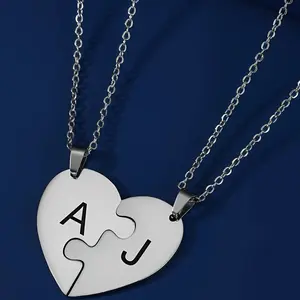 Set of 2 stainless steel heart and letter design necklaces for couples, birthday gift, valentine's day gift, daily wear, casual fashion jewelry
