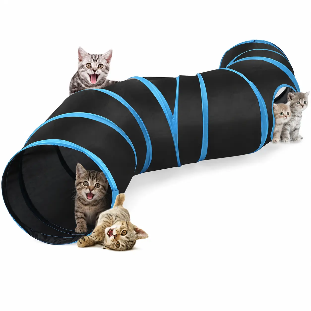S-Curve Foldable Cat Tunnel Toy for Bore Indoor Cats & Kitties, 1-Way/3-Way Options, Multi-Channel Play Maze with Peek Holes & Play Ball Exit, Durable Scratch-Resistant Polyester Fabric, Space-Saving (Blue & Black), Kitty
