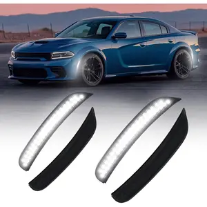 LED Side Marker Lights White Compatible With Dodge Charger 2015-2023, White Front & Rear Bumper Marker Lamps Smoked Len, 4PCS