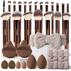 Comprehensive 31-Piece Brown Makeup Brush and Tool Kit, Makeup Brush Set, Featuring Versatile Face and Eye Brushes, Plus Essential Beauty Accessories, Complete With Beauty Sponges and Makeup Puffs, Headband & Wristbands, Perfect for All Makeup Needs