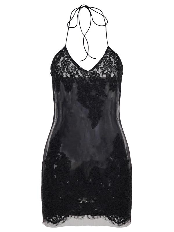 Women's Sexy Slim Fit Embroidered Mesh Dress, Backless Halter Neck Short Party Skirt, Plain Sleeveless Tiered Design, Elegant Party Dress