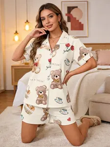 Lazy Style Cream Teddy Bear Pajama Set Women, Button Down Short Sleeve, Spring Summer Loungewear, All-over Teddy Print, Loose Fit Homewear