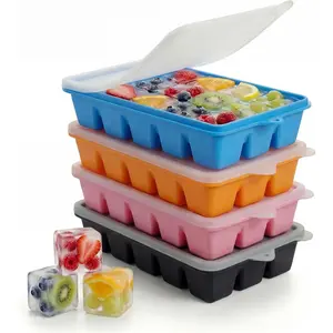 4 Pack Silicone Ice Cube Trays with Lid, Easy Release 15 Cavity Square Ice Molds, Stackable Flexible Ice Tray for Freezer Whiskey Cocktails Baby Food