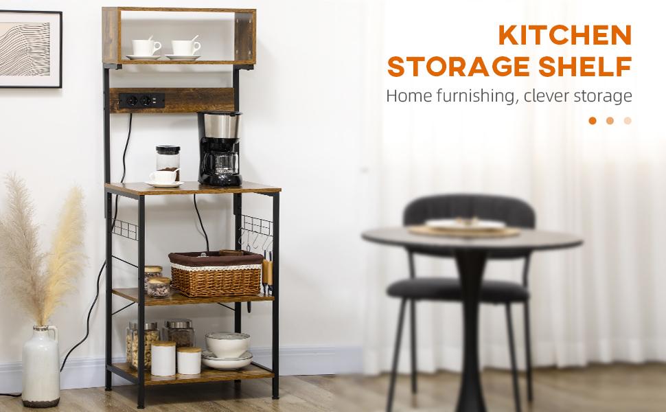 HOMCOM Bakers Racks with Power Outlet and LED Lights, Coffee Bar Table for Kitchens with Storage, Microwave Stand, Kitchen Storage Shelf Rack with Multiple Shelves