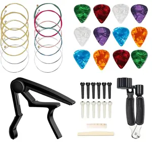 Acoustic Guitar Accessories Kit with 2 Sets of Strings Picks Capo Bridge Pins Saddle Nut & 3 in 1 Winder Cutter Pin Puller for Beginners