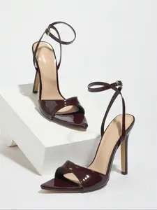 Women's PU Leather High Heel Sandals, Open Toe Sandals, Sexy Coffee Stilettos, Comfortable Fashion Shoes for All Seasons, Ideal Gift for Her