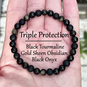 Black Tourmaline + Black Agate + Obsidian Stretch Bracelet - 6mm Natural Gemstone Beaded Triple Protection Bracelet