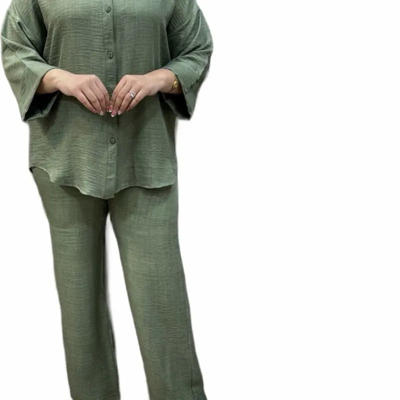 Modest Two-Piece Matching Set for Women - Green Linen Blouse & Pants Set
