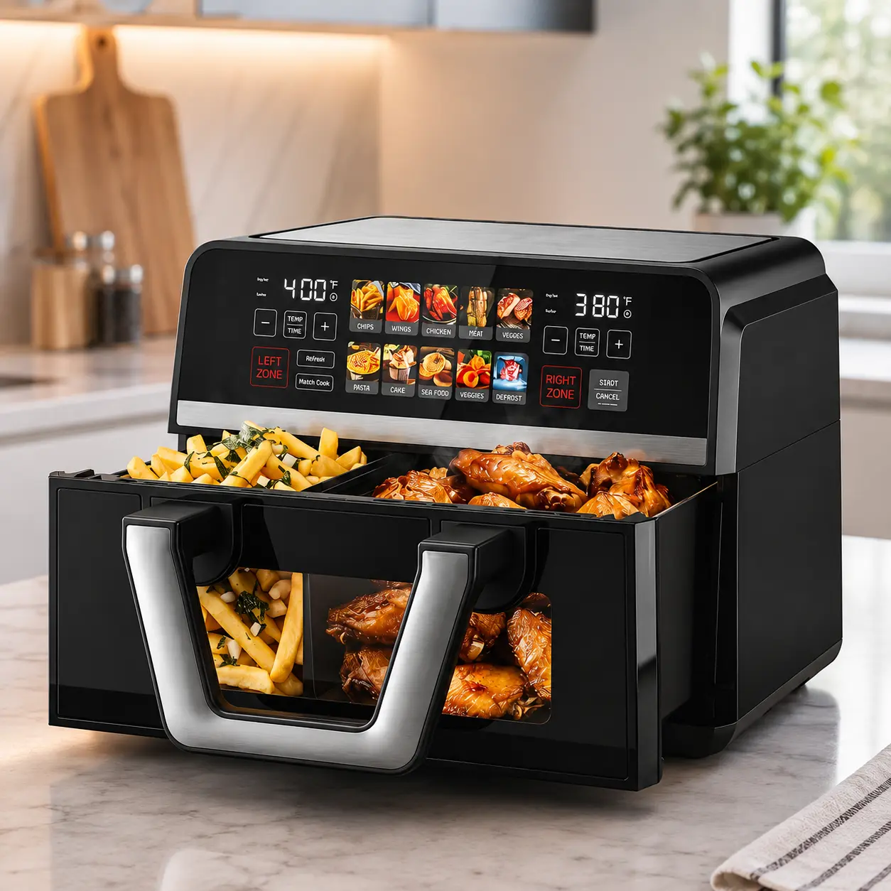 10QT Dual Basket Air Fryer, 1600W Dual Zone Air Fryer Oven with Sync Finish, Viewing Window, 8 Presets, Adjustable Temperature 100-400°F, Family Size Air Fryer for Fast, Healthy & Oil-Free Cooking