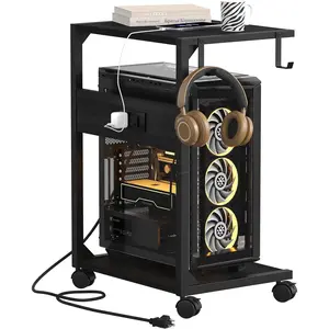 2 Tier Computer Tower Stand with Charging Station, 11.8" D x 16.5" W Rolling Floor PC Tower Stand Fits Under Desk, CPU Holder Cart for Carpet with Hooks, Home Office