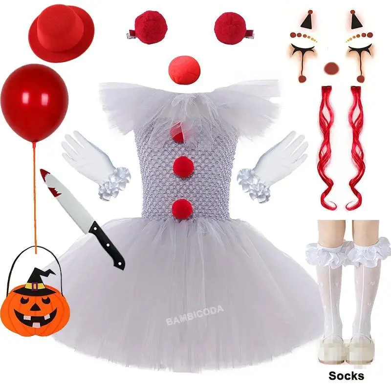 Halloween Pennywise Costume Creepy Clown Gray Tutu Dress Outfit Girls Fancy Carnival Party Tulle Dresses Joker Clothes