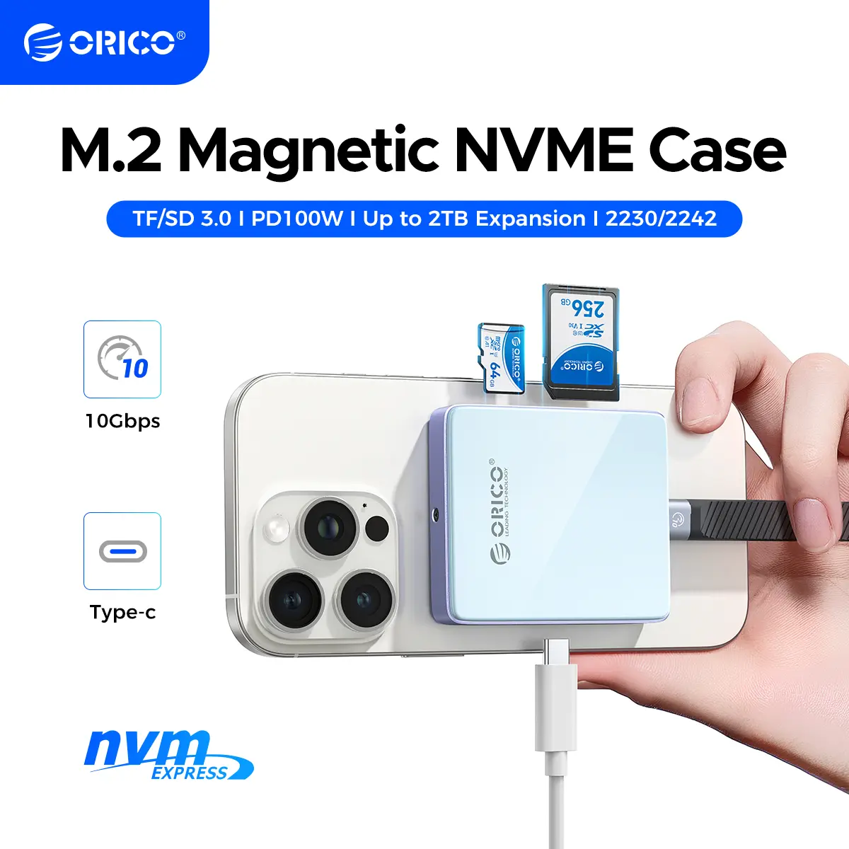 ORICO Magnetic M.2 2230/2242 NVMe SSD Enclosure for iPhone 4K ProRes Recording with SD/TF 3.0 Card Reader PD100W Charging Port, Support for iPhone 15/16/17 Series Laptop Tablet- Diskless AP42F