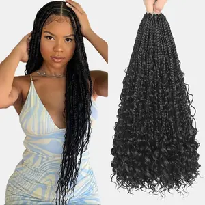 [Wequeen] Boho Box Braids Crochet Hair Pre Looped Box Braids With Curly hHair Extensions For Women Natural Color 18 Inch 1 Pack 12 Strands 14 24inch