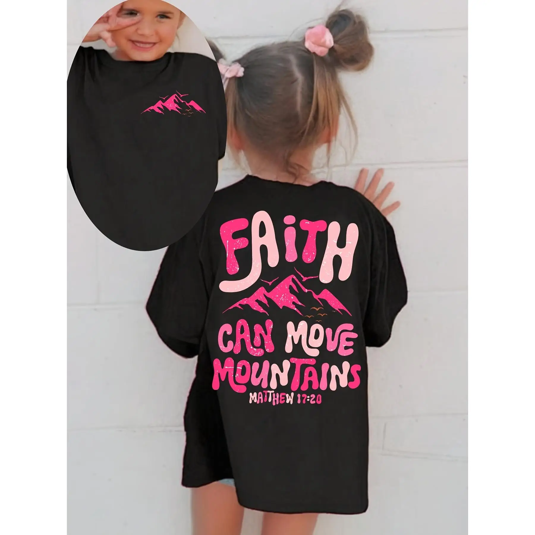 Faith Can Move Mountains" Girls' Summer T-Shirt - Cute Dual-Sided Letter Print, Casual Short Sleeve Top, Breathable Polyester