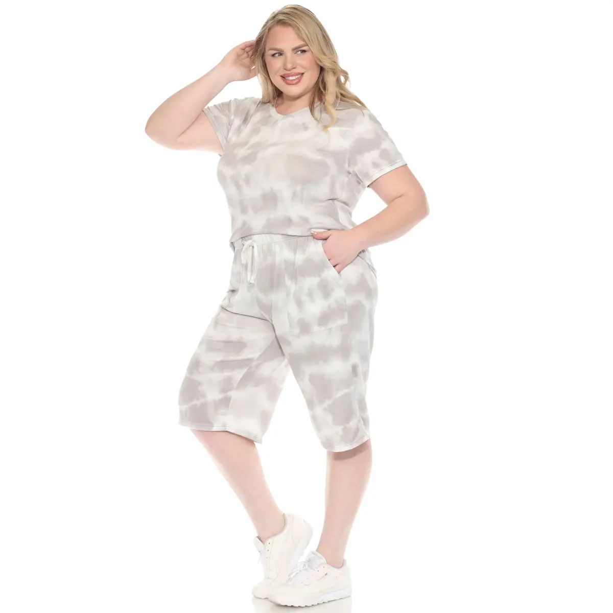 212 MAIN Women's Plus Size Soft Casual Breathable Pajama Set - Short-Sleeve Top, Capri Bottoms, Adjustable, Lady-Fit, Pockets, Grey, PS3627-10-2X, 2X, Nightwear