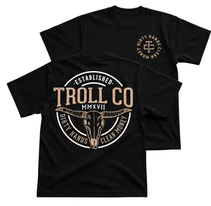 Troll Co Dirty Hands Clean Money Bull Skull T-Shirt, Blue Collar Graphic Tee With Longhorn Skull Back Print, Front Chest TC Logo Shirt, Tradesman Garage Workwear Outfit, Mechanic Labor Apparel for Men and Women