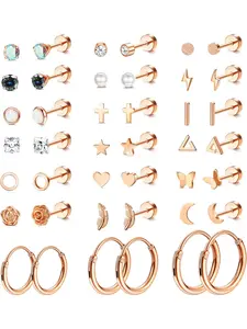 21 Pairs Stud Cartilage Earrings for Women Men 20G Stainless Steel Flatback Earrings Hoop Silver Gold Rose Gold Black Screw Earrings Star Moon Heart Cubic Zirconia Opal Stud Earrings, Hoop Earrings Set Piercing Jewelry for Cartilage Helix Lobe Tragus