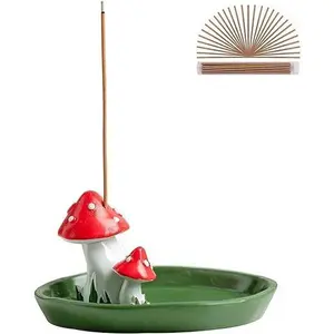 Cute Mushroom Incense Holder with 30 Incense Sticks, Handmade Resin Burner, Nature Theme Incense Tray, Adorable Home Decoration Accessories(Green)