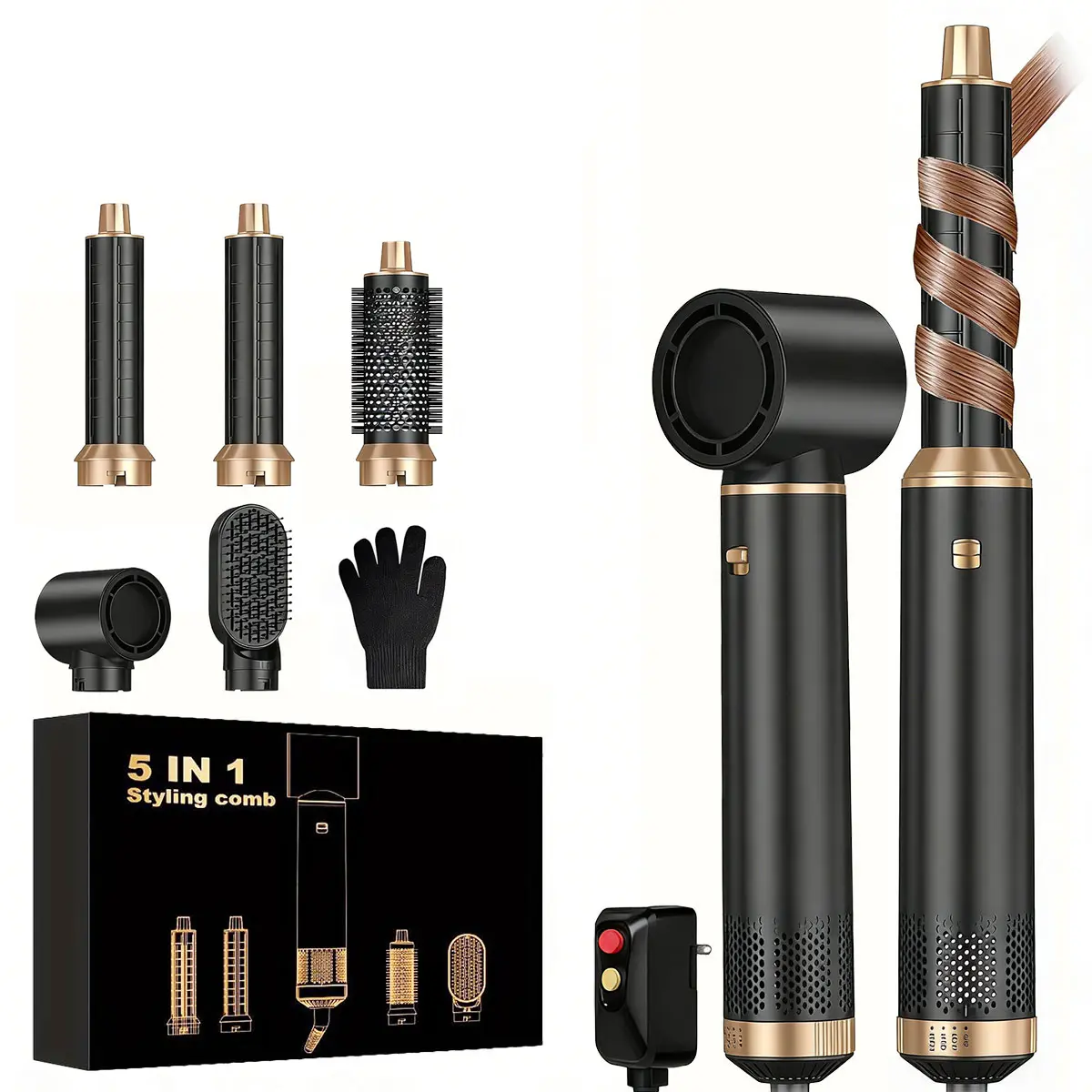 5 in 1 Professional Hot Air Styler Hair Dryer Brush, High-Speed Negative Ionic Frizz-Free Blow Dryer, Auto Wrap Curling Iron & Hair Straightener for Curling Volumizing Straightening Styling | Salon-Grade Gift Handle