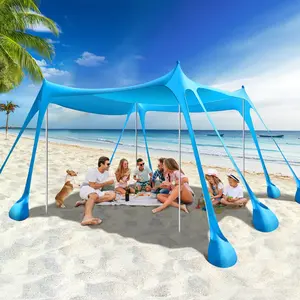Beach Tent Sun Shelter, Beach Canopy Tent Sun Shade UPF50+ Protection with 8 Sandbags 4 Stability Poles, summer Outdoor Beach Shade Canopy for Beach, Camping, Fishing patio umbrella for family