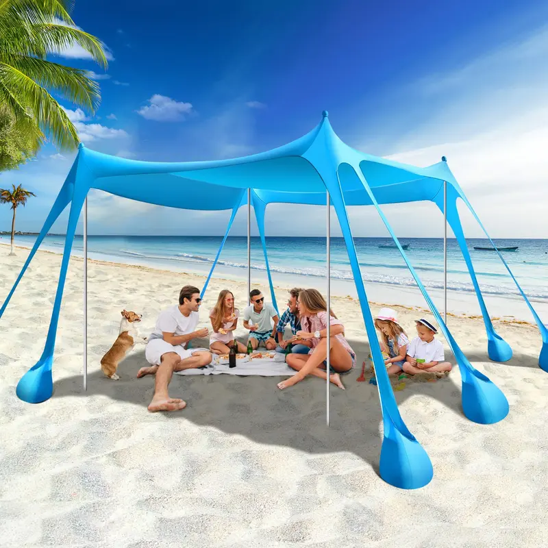 Family Beach Foldable Protective Canopy Tent - UPF 50+ Blocks Harsh Beach UV Rays, Stable Portable Outdoor Shade with 8 Sandbags, 4 Stability Poles for Camping, Outdoor Use