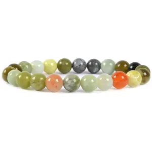 Natural Multi-Color Nephrite Gemstone 8mm Round Beads Stretch Bracelet 7 Inch Unisex