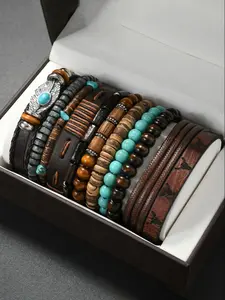 Vintage Style Genuine Leather Bangle Bracelet Set, Handwoven Wristbands, Unisex Fashion Jewelry, Perfect for Daily Wear & Gifts
