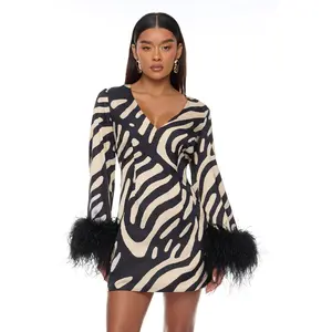 Daydreaming Feathered Satin Mini Dress - Black/combo