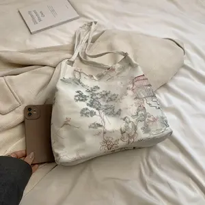 Large Capacity Women's Ethnic Style Shoulder Tote Bag With Embroidery, Multifunctional Commuting Storage Bag