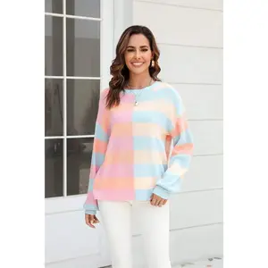 Round Neck Long Sleeve Color Block Dropped Shoulder Pullover Sweater