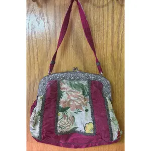Antique Repousse Metal Frame Tapestry Needlepoint Evening Bag Silk Lined As Is