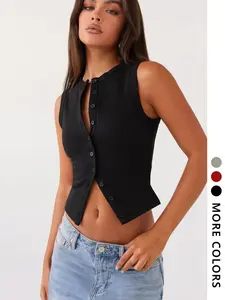 Women's Solid Color Front Buckle Crop Vest, Casual Basic Sleeveless Ribbed Crop Top Cropped Tank Top for Daily Wear, Ladies Clothes for All Seasons Womenswear