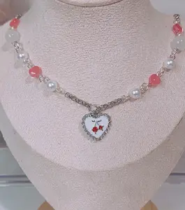 y2k red cherry heart necklace, silver heart pendant necklace, heart charm necklace, y2k cherries, coquette beaded necklace
