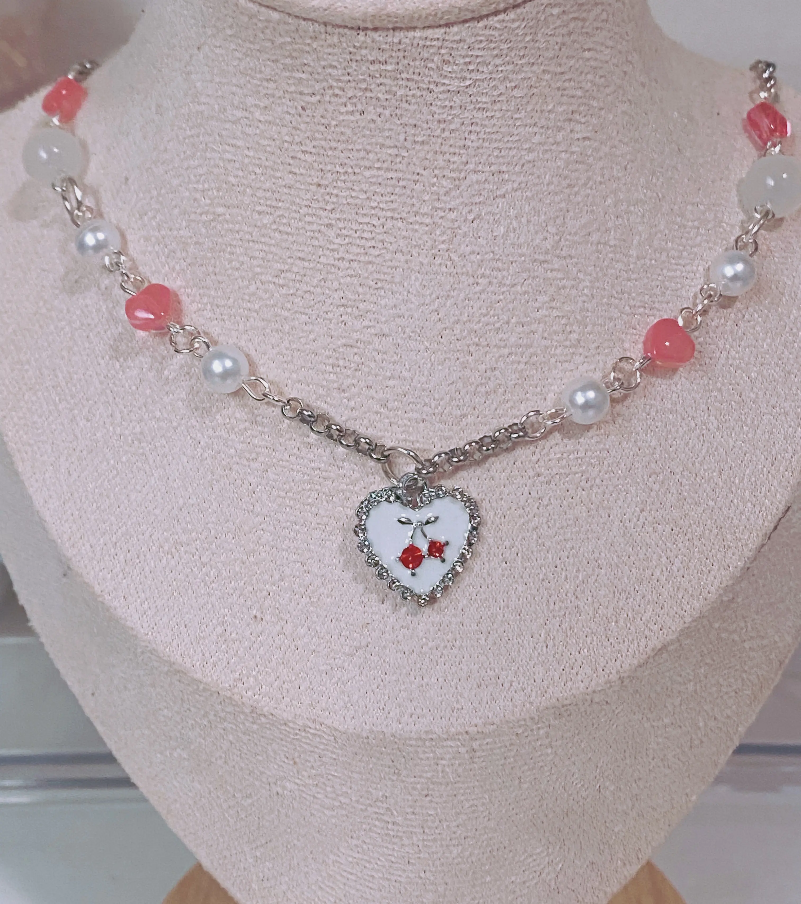 y2k red cherry heart necklace, silver heart pendant necklace, heart charm necklace, y2k cherries, coquette beaded necklace