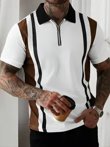 Men's Casual Striped Color Block Zipper Polo Shirt, Comfortable Breathable Fabric, Perfect for Daily Wear, Stylish Men's Shortsleeve Clothing