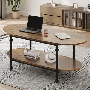 47.2in Oval Mid-Century 2-Tier Rustic Brown Vintage Coffee Table - Engineered Wood Wood-Framed End Table with Roman Legs, Quick Assembly, 150lbs Capacity, Oval-Shaped 2-Level Center Piece for Living Room, Office, Oval-Shaped End Tables