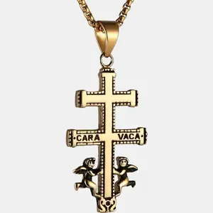 Religious Stainless Steel Cruz De Caravaca Double Cross with Angels Pendant Necklace Durable Christianity