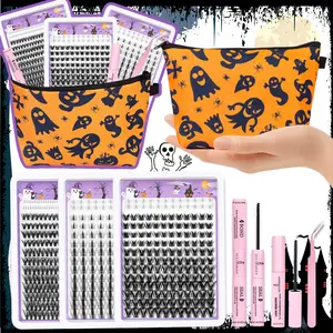 Halloween Mixed Eyelash Clusters Lash Kit Gift Packs with Bond&Seal&Remove&Eyelash Tweezers Extension Eyelash C/D Curl 5-18mm DIY Individual Fake Eyelashes for Beginners Bulk Pack Makeup Bag, Eyelash Extensions