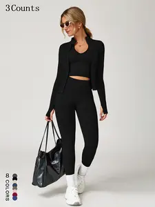 Women's Top & Leggings & Open Front Outerwear Three-piece Outfits for Yoga Gym Workout Running, Ladies Clothes for All Seasons, Yoga Tracksuit Set