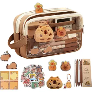Cute Capybara Pencil Case, Stationery Pouch Set with 10 Stickers+2 Brooches+1 Doll+1 Clip+1 Notepad+1 +4 Pens, Cartuchera De Capibara