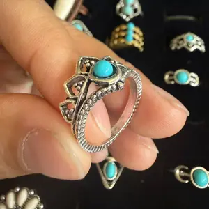 Vintage Turquoise Ring Boho Western Style Adjustable Silver Tone Ring for Women