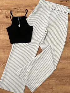 Women's Casual Fitted Two-Piece Set, Thin Spaghetti Strap Short Tank Crop Top & Striped High-Waisted Pants (includes Belt), Spring Summer Office/garden Wear, Womenswear