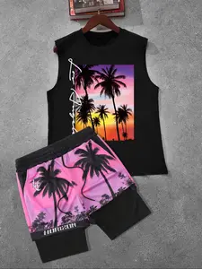 Men's Coconut Tree Print Vest Top & Shorts Set, Comfortable Drawstring Waist Summer Beachwear, Casual Two-Piece for Relaxing Holidays