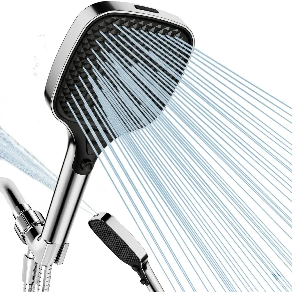 High Pressure Multi Mode Filtered Handheld Shower Head with ON OFF Switch Power Wash for Pets Bath Square Large Panel Rain Shower Head with 1.5m Hose and Shower Bracket Bathroom Supplies