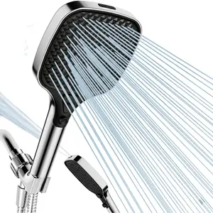 High Pressure Multi Mode Filtered Handheld Shower Head with ON OFF Switch Power Wash for Pets Bath Square Large Panel Rain Shower Head with 1.5m Hose and Shower Bracket Bathroom Supplies