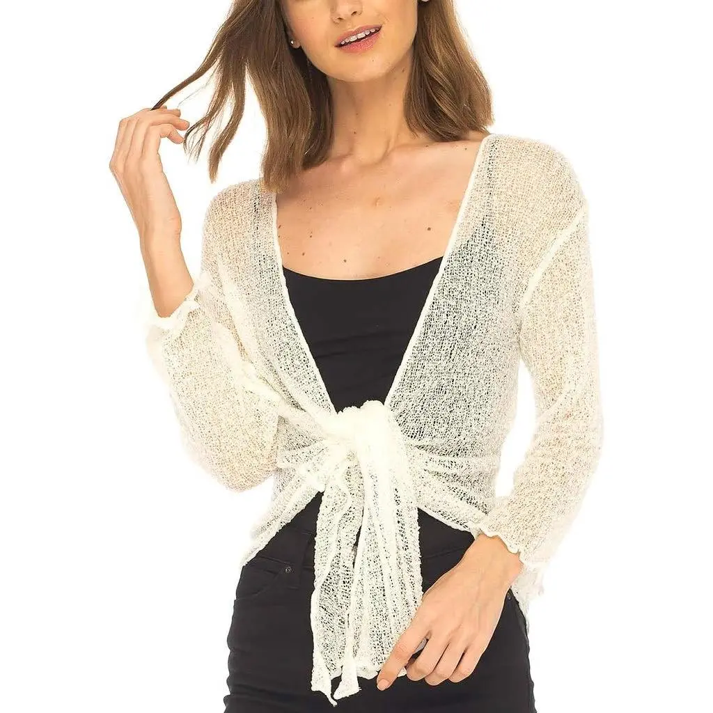Women's Sheer Lightweight Mesh Knitting Long-Sleeve Shrug Cardigan - Tie Detail Cover Up, Women's Tops for Dresses, Evenings