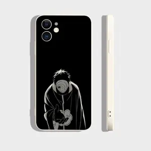 Naruto Uchiha design liquid metal phone case, compatible with iPhone 17/16/15/14/13/12, black and white silicone soft case.