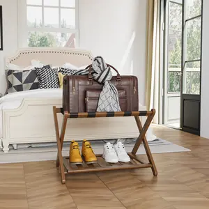 Bamboo Folding Luggage Rack for Guest Room, Suitcase Stand Holds up to 131 lb, Luggage Stand with Shelf Storage